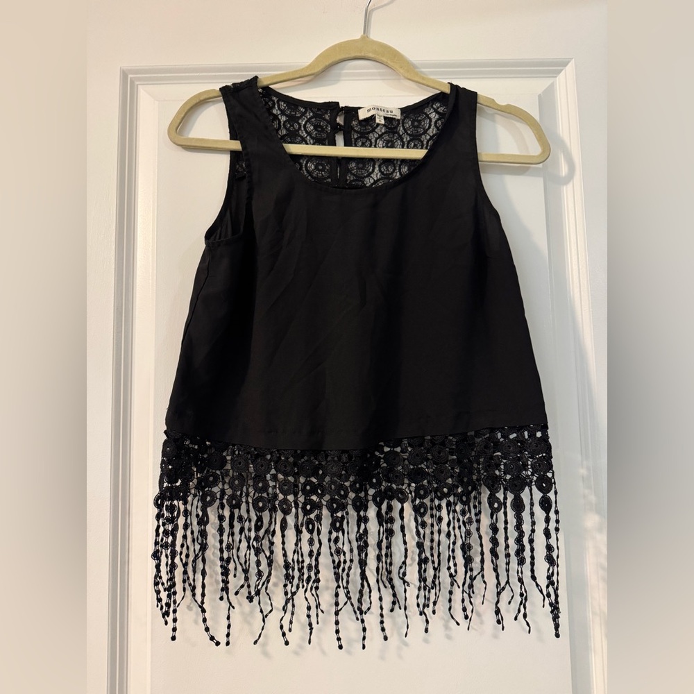 Monteau Black Sleeveless Top with Lace Fringe